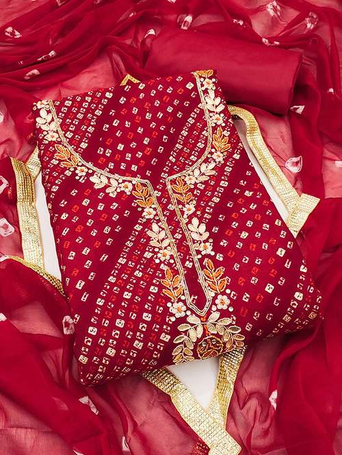 women bandhani printed embroidered unstitched suit set - 22182444 -  Standard Image - 0