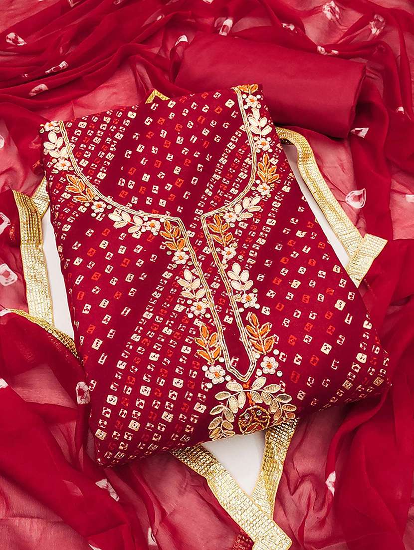 women bandhani printed embroidered unstitched suit set