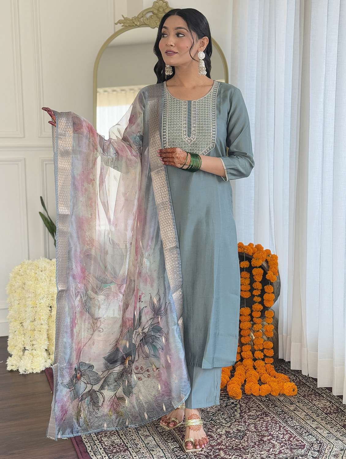 women solid with work three quarter sleeve kurta pant with dupatta set - 22182506 -  Standard Image - 1