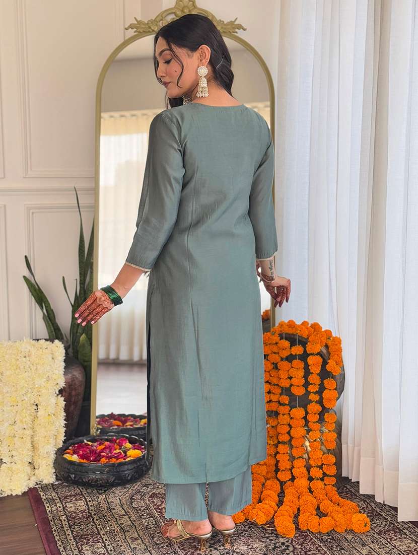 women solid with work three quarter sleeve kurta pant with dupatta set - 22182506 -  Standard Image - 6