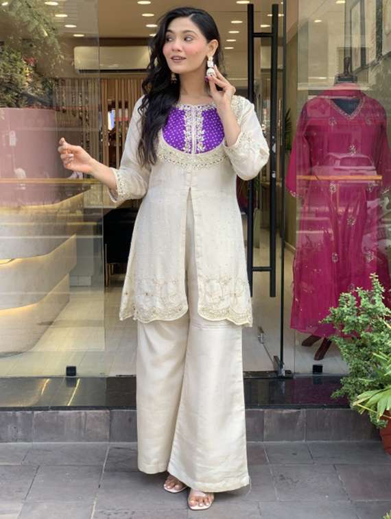 women solid with work three quarter sleeve kurta palazzo set - 22182521 -  Standard Image - 1