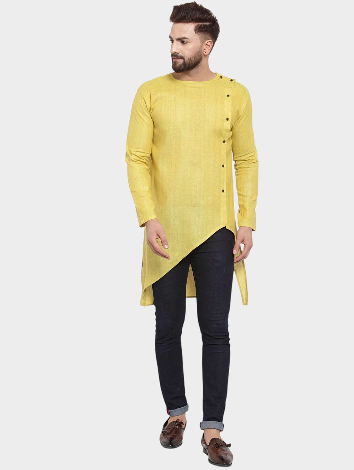 men solid long sleeve asymmetric kurta - 22182572 -  Standard Image - 1