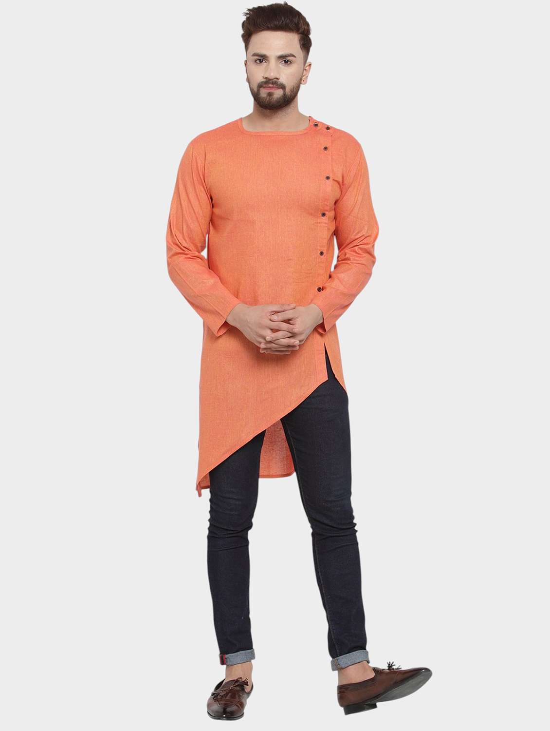 men solid long sleeve asymmetric kurta - 22182573 -  Standard Image - 1