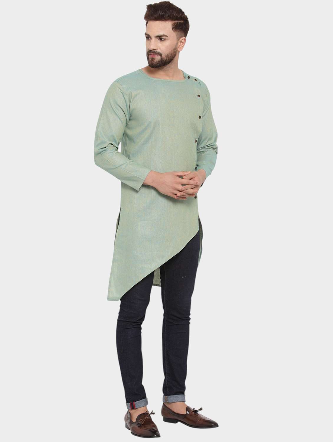 men solid long sleeve asymmetric kurta - 22182574 -  Standard Image - 1