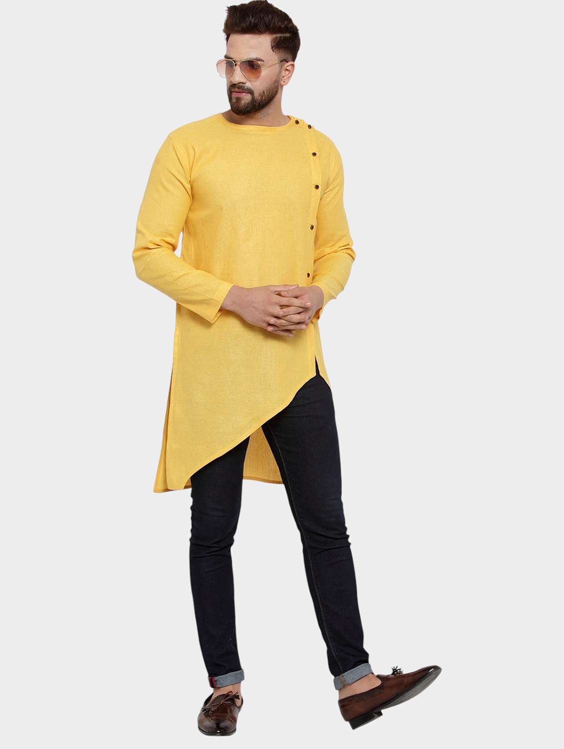 men solid long sleeve asymmetric kurta - 22182575 -  Standard Image - 1