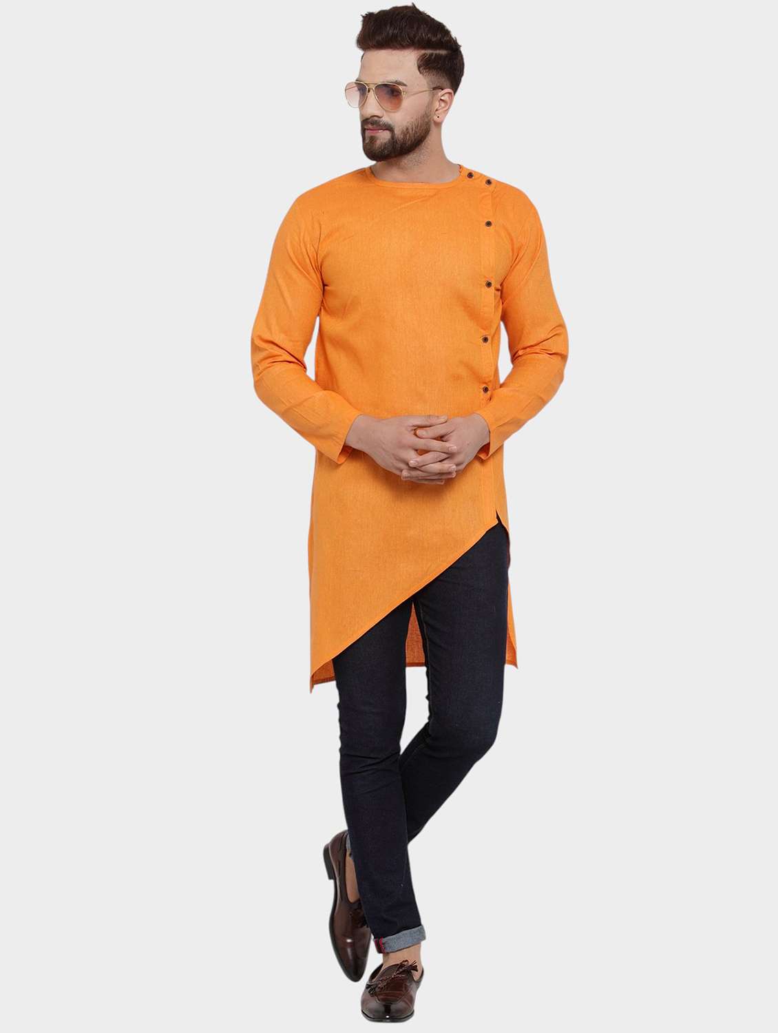 men solid long sleeve asymmetric kurta - 22182576 -  Standard Image - 1