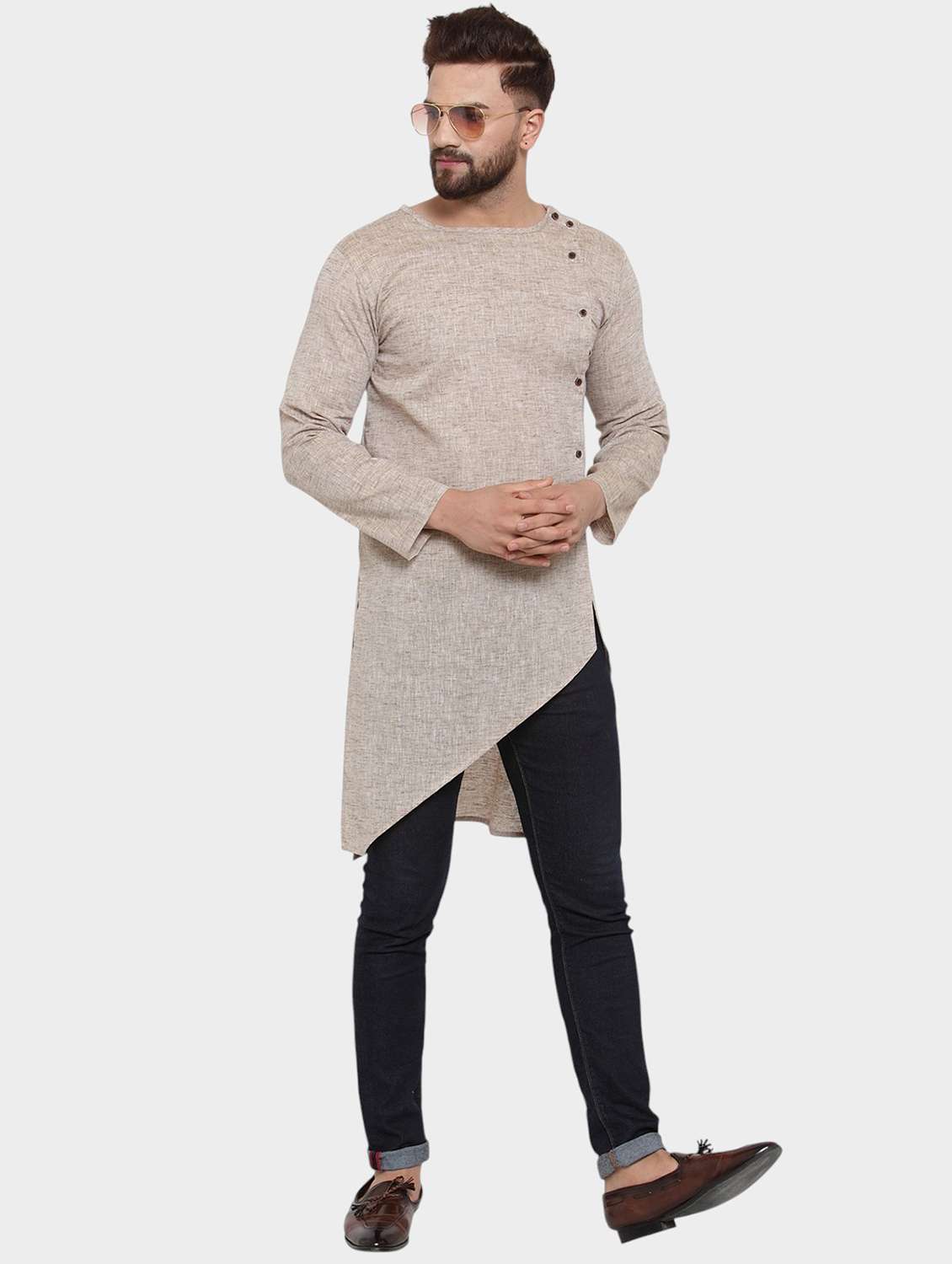 men self design long sleeve asymmetric kurta - 22182577 -  Standard Image - 1