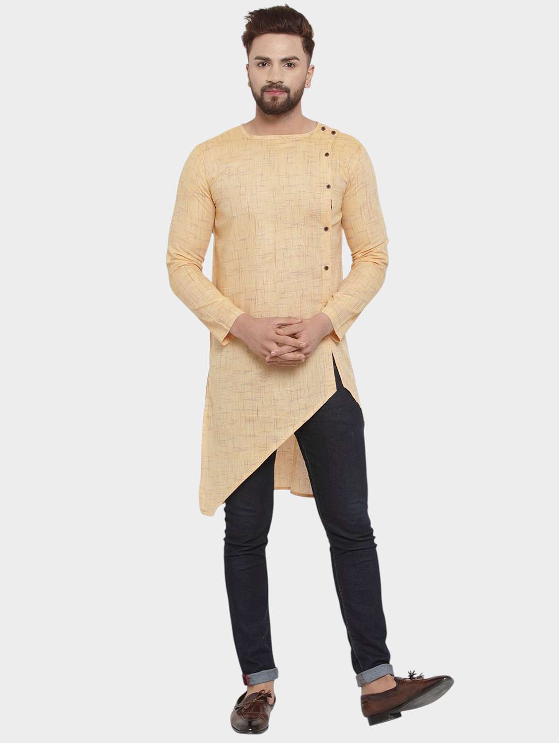 men self design long sleeve asymmetric kurta - 22182580 -  Standard Image - 1
