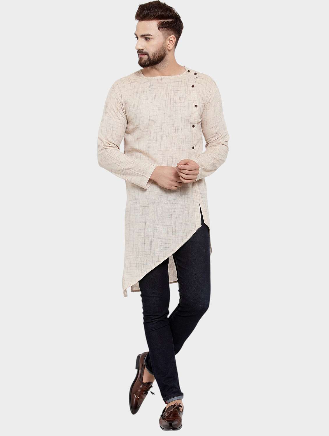 men self design long sleeve asymmetric kurta - 22182581 -  Standard Image - 1