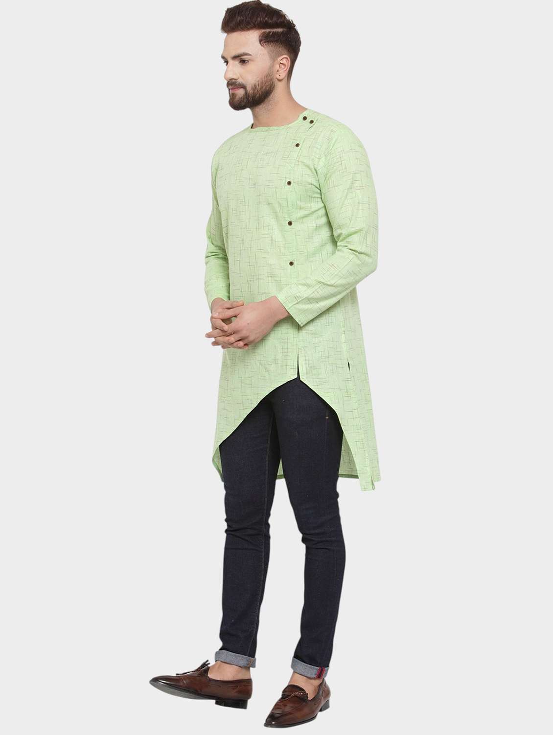 men self design long sleeve asymmetric kurta - 22182583 -  Standard Image - 1