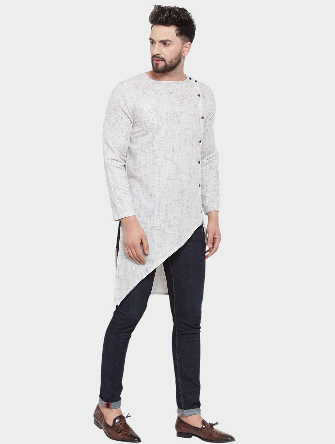 men self design long sleeve asymmetric kurta - 22182584 -  Standard Image - 1