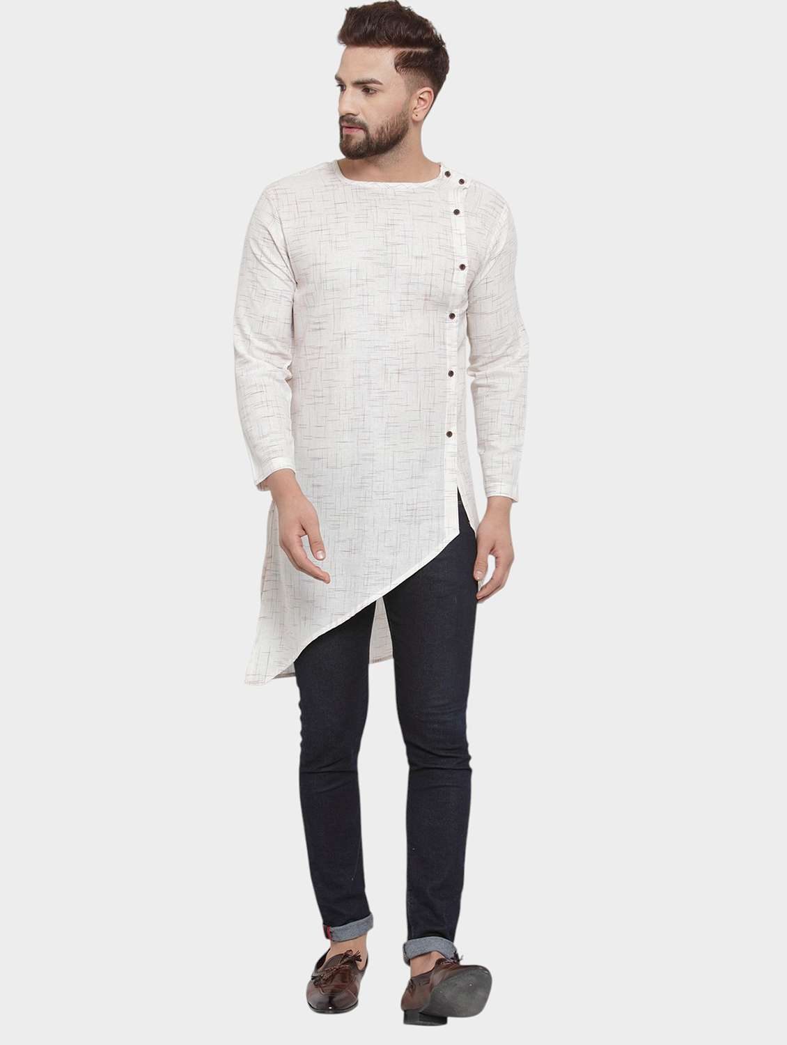 men self design long sleeve asymmetric kurta - 22182585 -  Standard Image - 1