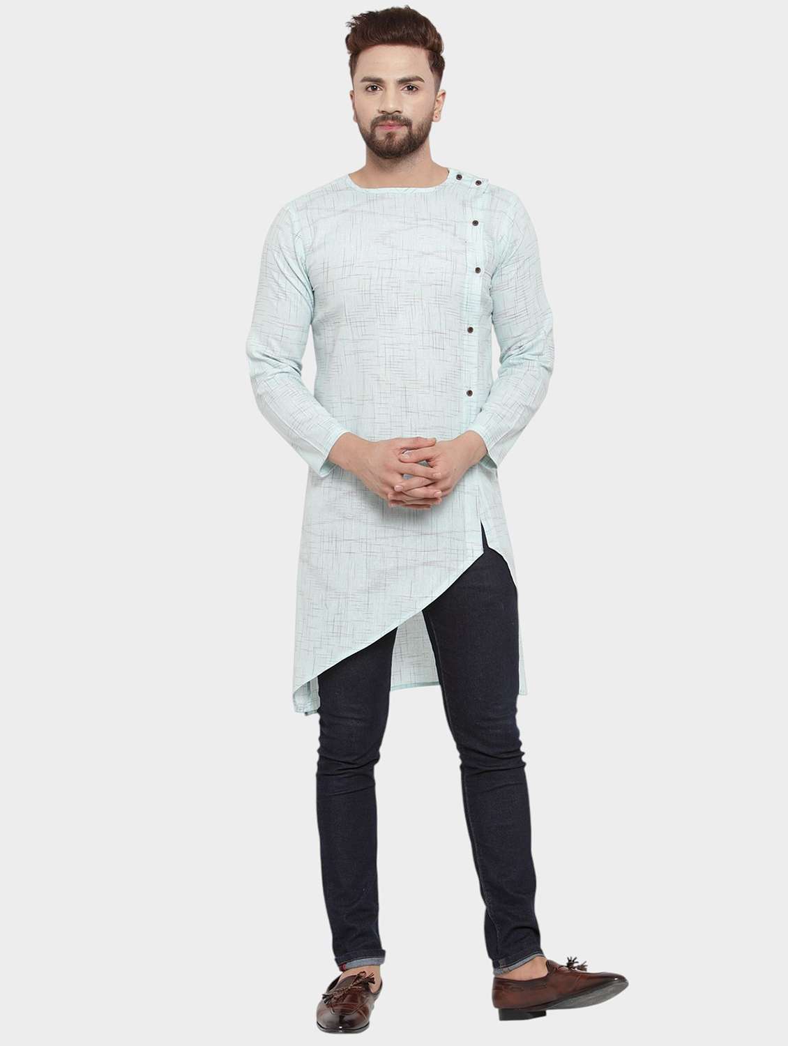 men self design long sleeve asymmetric kurta - 22182586 -  Standard Image - 1