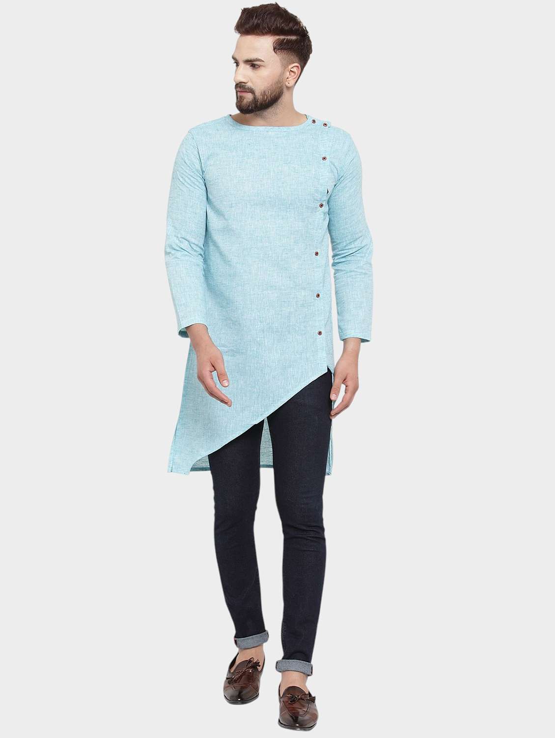 men self design long sleeve asymmetric kurta - 22182588 -  Standard Image - 1