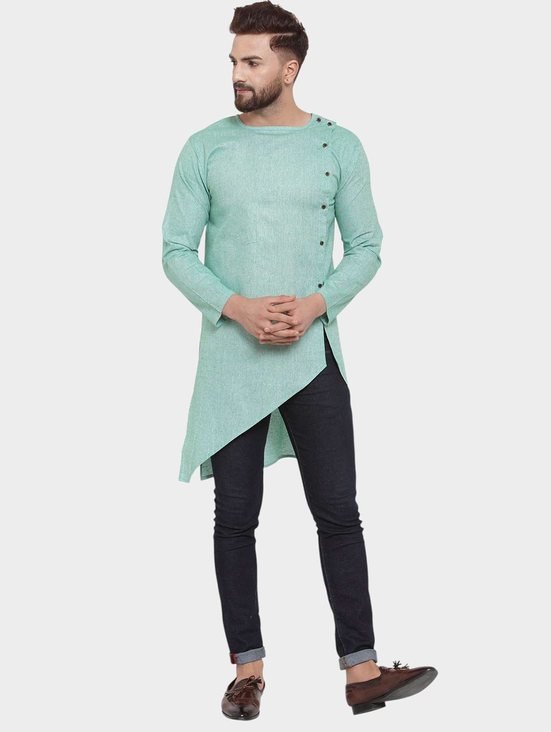 men solid long sleeve asymmetric kurta - 22182589 -  Standard Image - 1