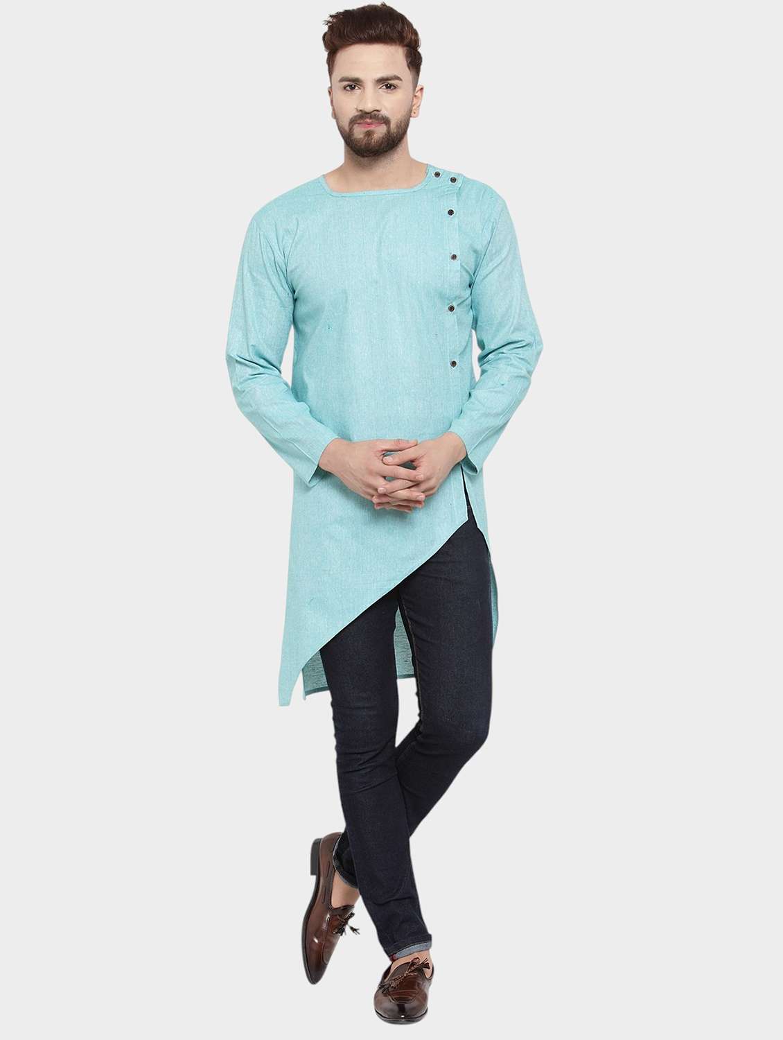 men solid long sleeve asymmetric kurta - 22182590 -  Standard Image - 1