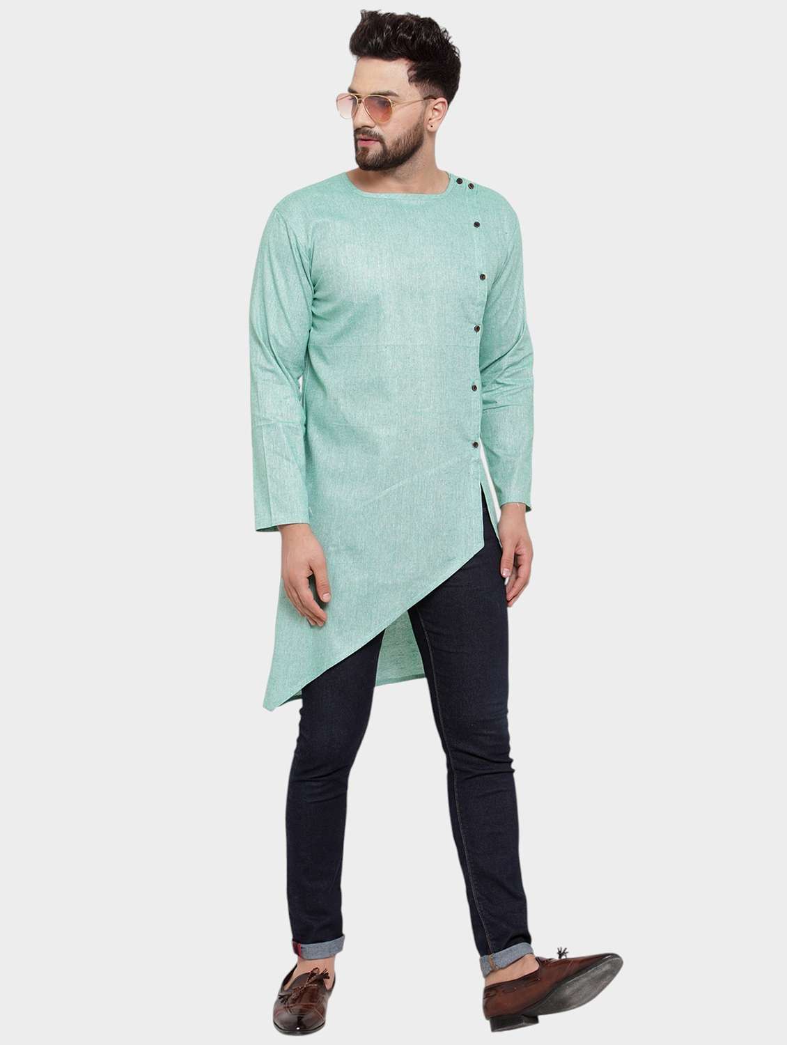 men solid long sleeve asymmetric kurta