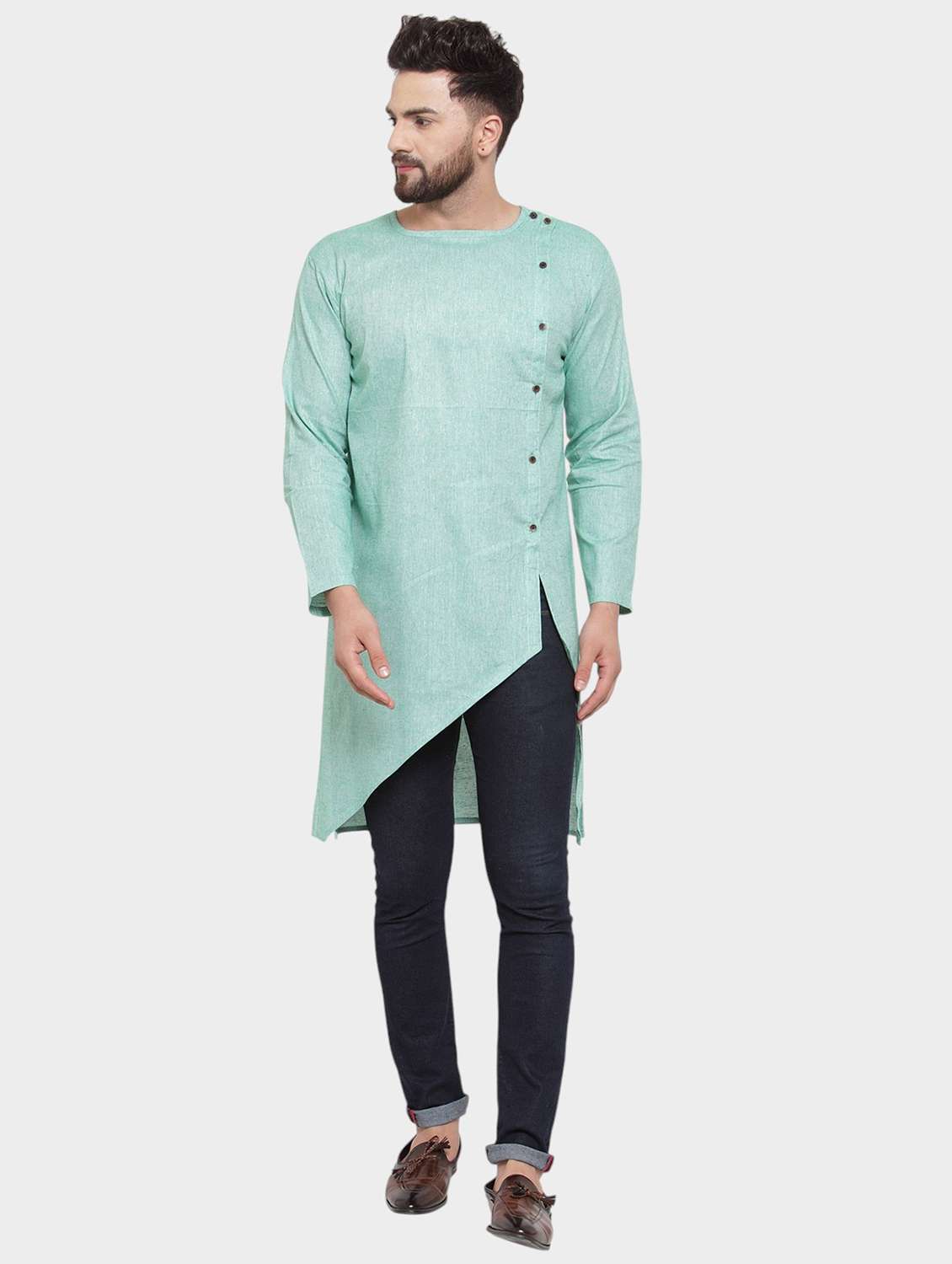 men solid long sleeve asymmetric kurta - 22182591 -  Standard Image - 1