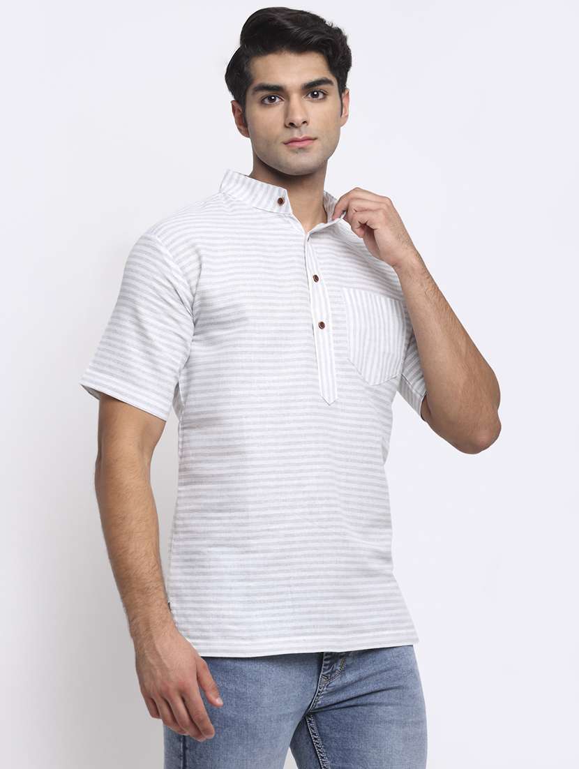 men striped mandarin neck short kurta - 22182597 -  Standard Image - 1