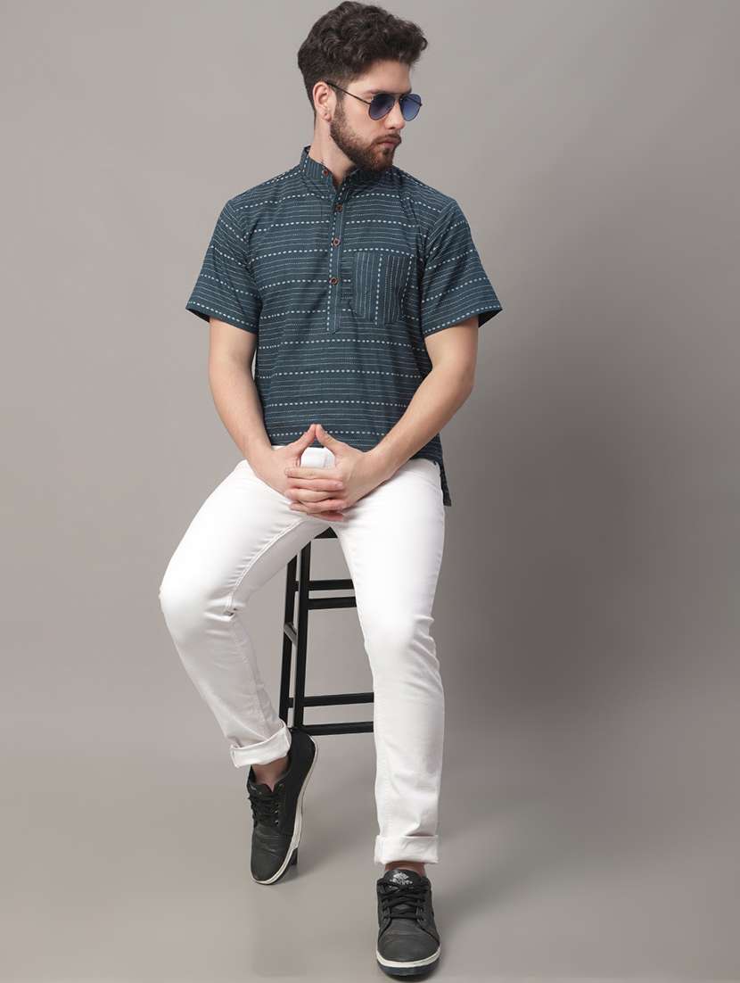 men self design mandarin neck short kurta - 22182599 -  Standard Image - 4