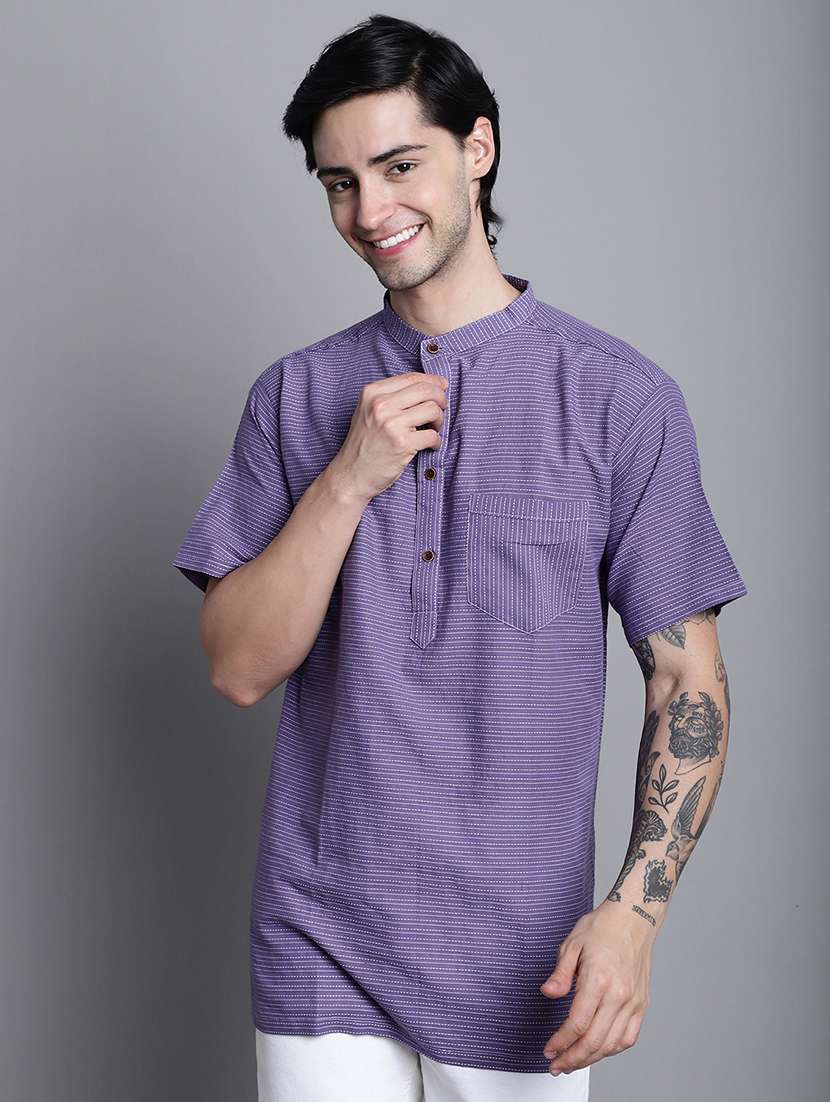 men striped mandarin neck short kurta - 22182613 -  Standard Image - 1