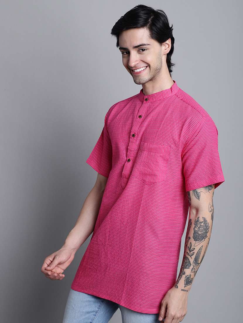 men striped mandarin neck short kurta - 22182615 -  Standard Image - 1