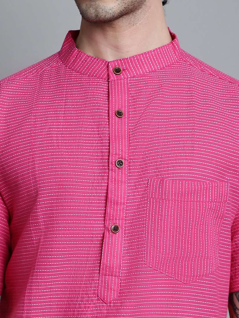 men striped mandarin neck short kurta - 22182615 -  Standard Image - 6