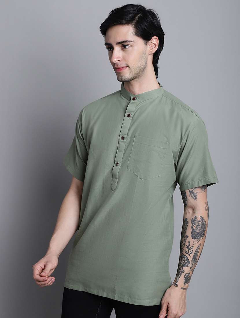 men solid mandarin neck short kurta - 22182621 -  Standard Image - 1