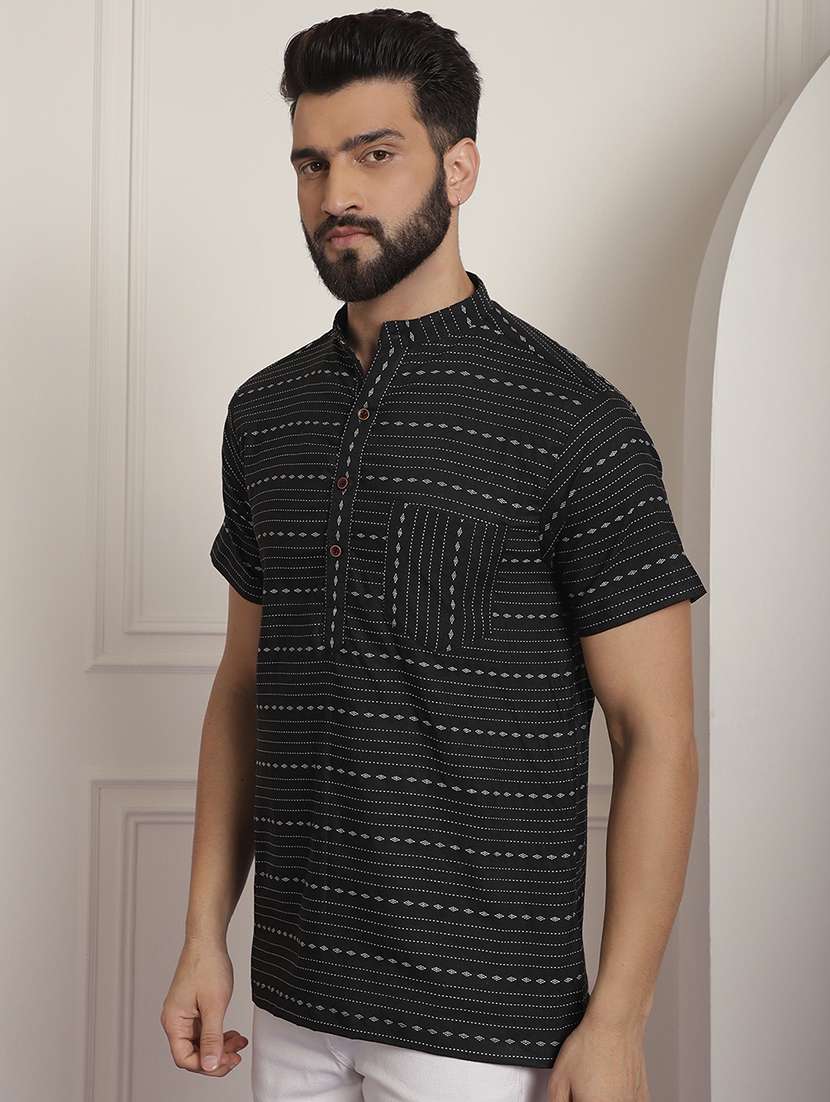 men self design mandarin neck short kurta - 22182627 -  Standard Image - 1