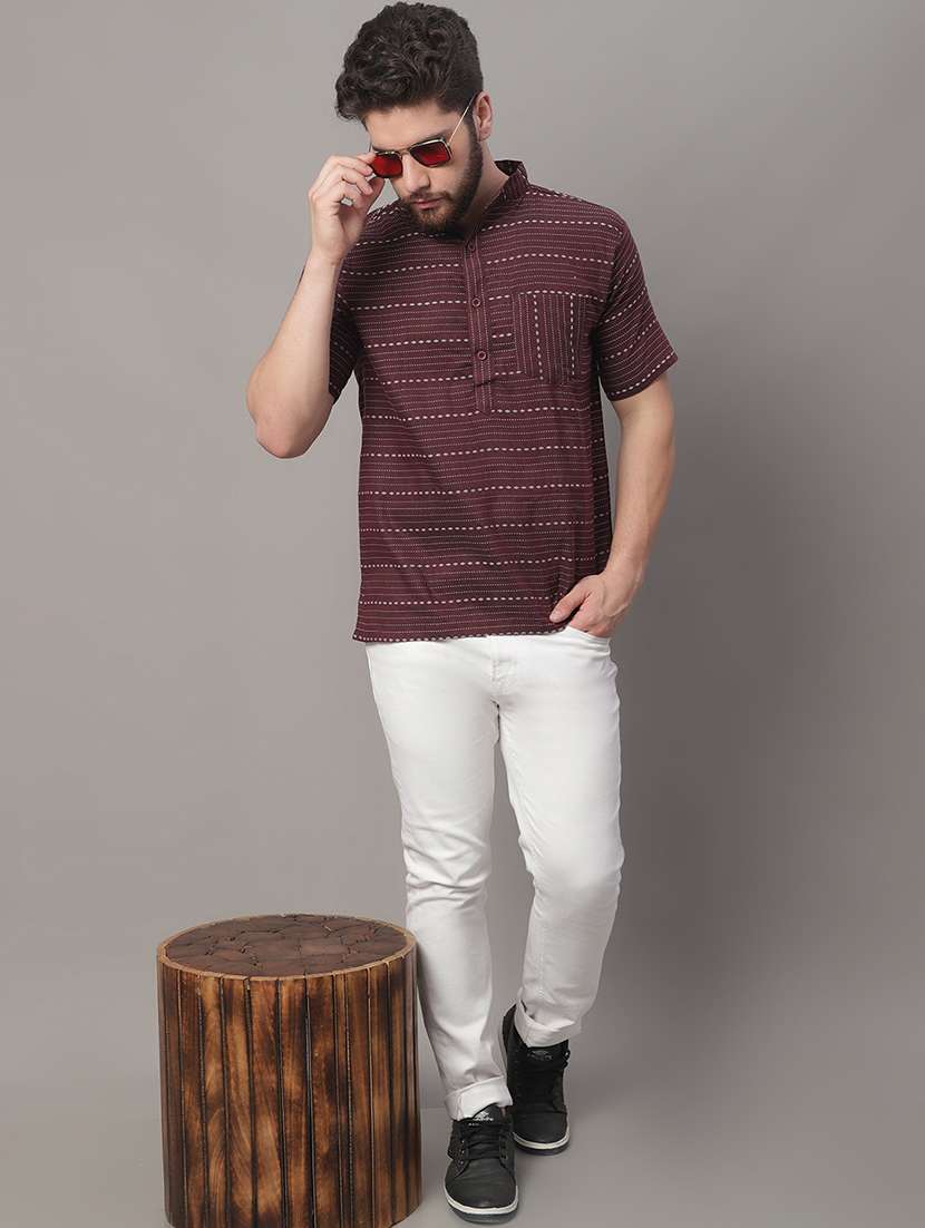 men self design mandarin neck short kurta - 22182669 -  Standard Image - 4