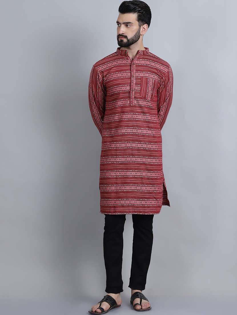 men self design mandarin neck long kurta - 22182676 -  Standard Image - 1