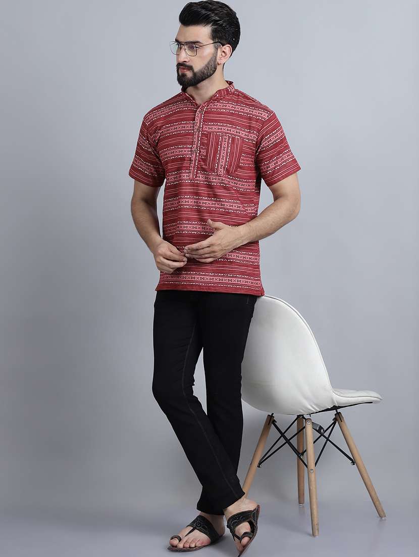 men self design mandarin neck short kurta - 22182677 -  Standard Image - 4
