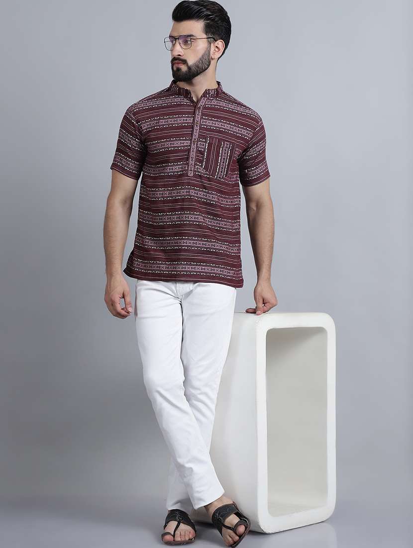 men self design mandarin neck short kurta - 22182681 -  Standard Image - 4