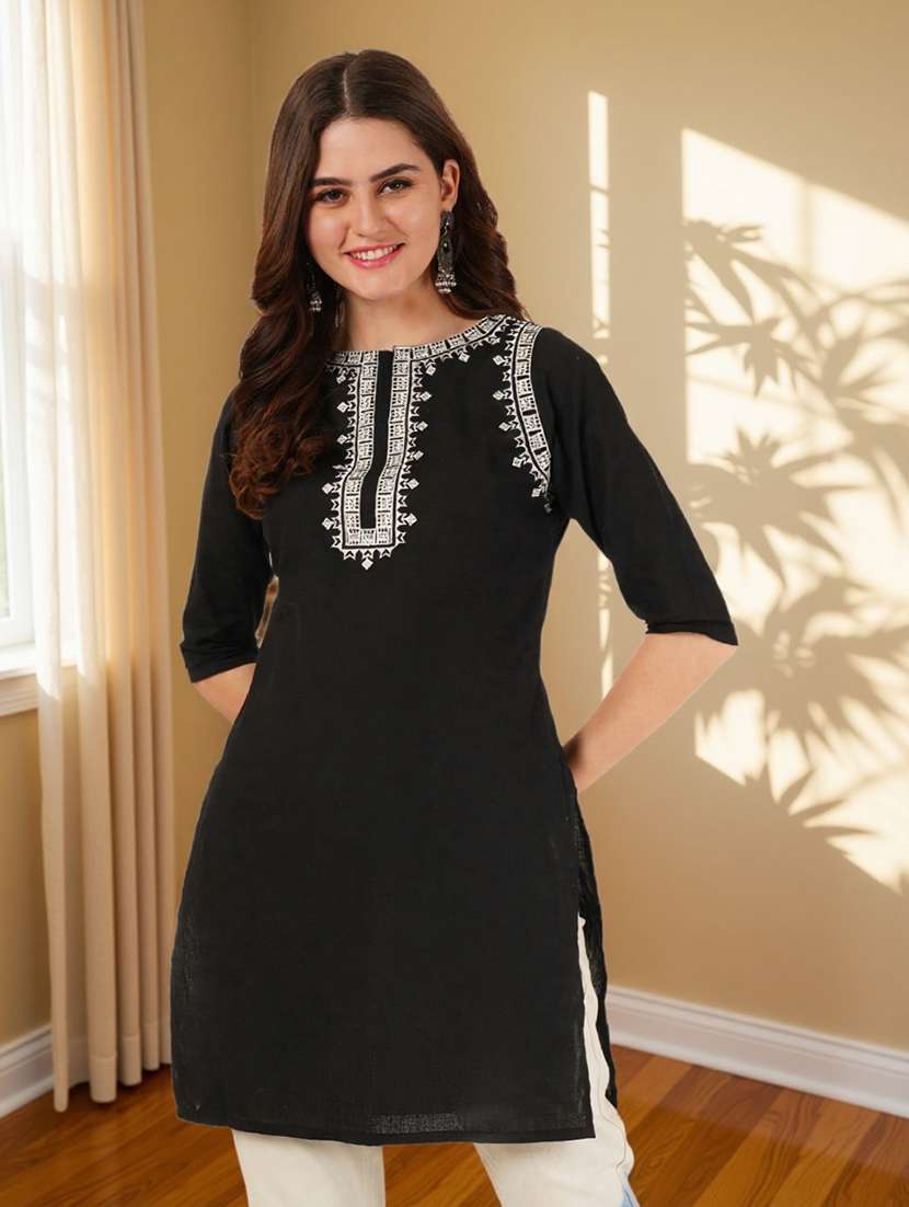 women solid with work three quarter sleeve straight kurti