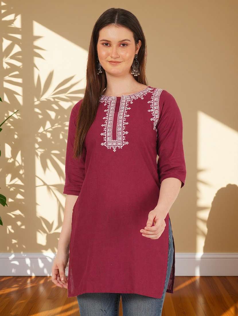 women solid with work three quarter sleeve straight kurti
