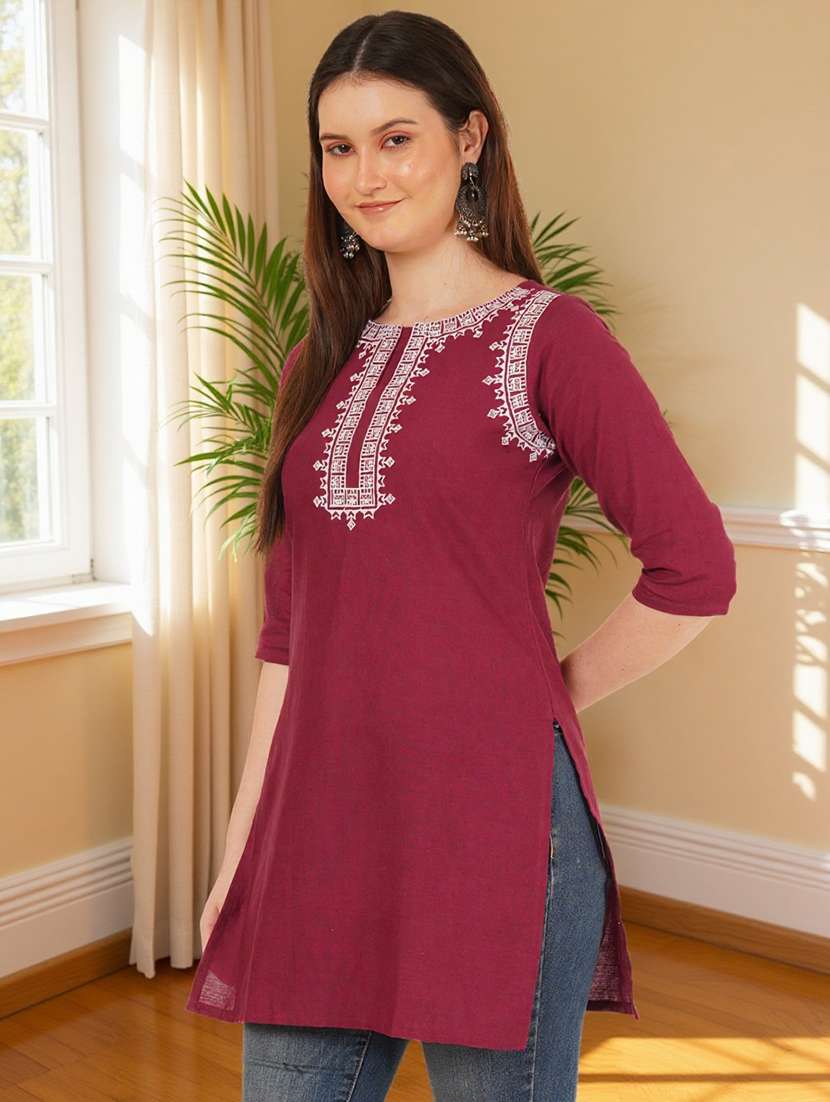 women solid with work three quarter sleeve straight kurti - 22182750 -  Standard Image - 1