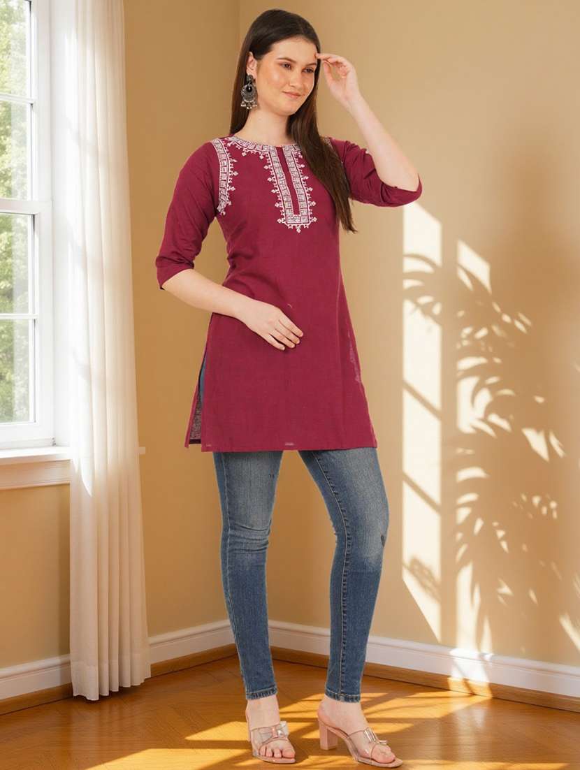 women solid with work three quarter sleeve straight kurti - 22182750 -  Standard Image - 4
