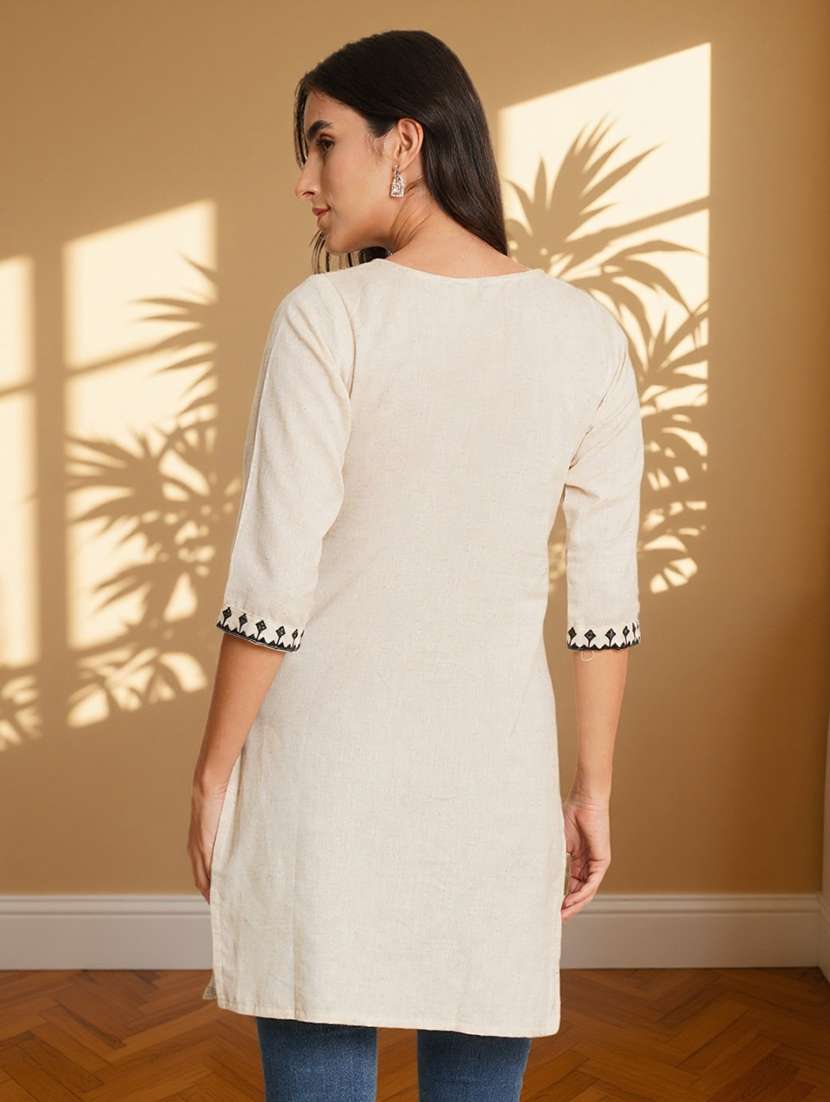 women solid with work three quarter sleeve straight kurti - 22182753 -  Standard Image - 1