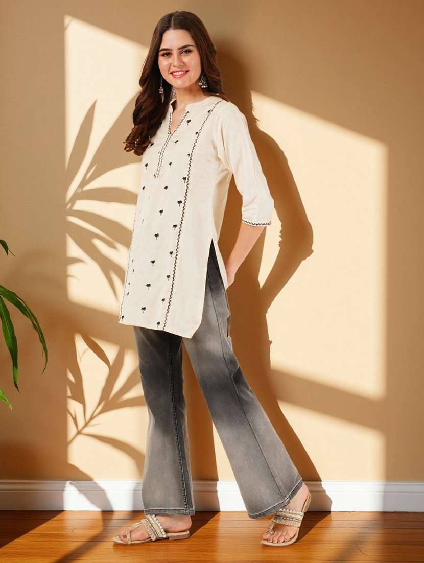 women solid with work three quarter sleeve straight kurti - 22182757 -  Standard Image - 4