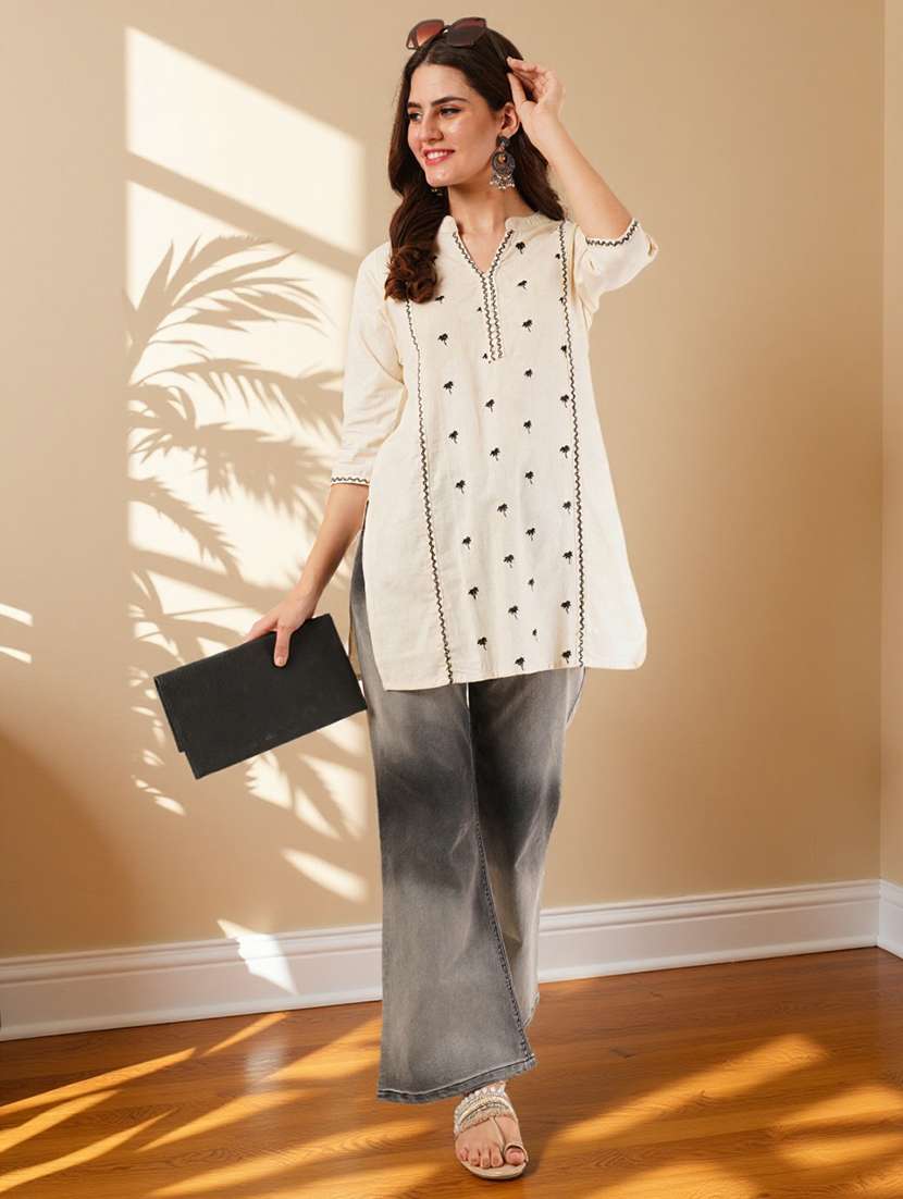 women solid with work three quarter sleeve straight kurti - 22182757 -  Standard Image - 6