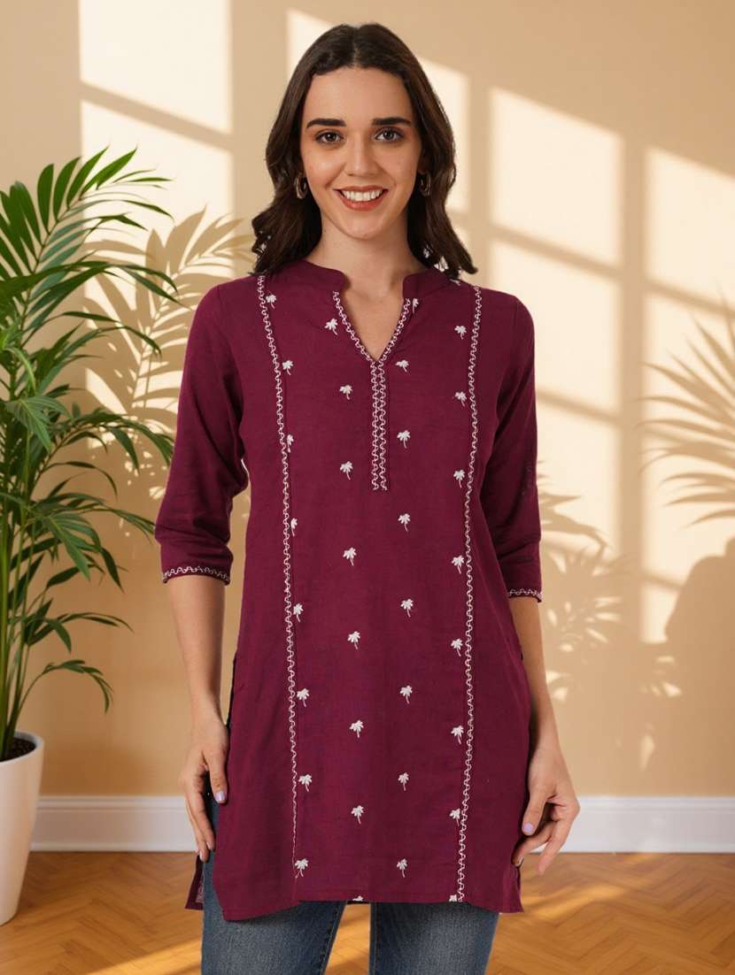 women solid with work three quarter sleeve straight kurti - 22182760 -  Standard Image - 1