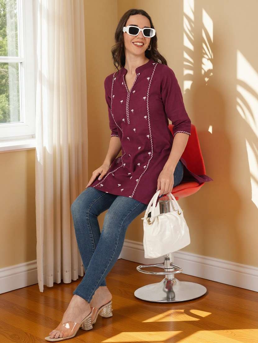 women solid with work three quarter sleeve straight kurti - 22182760 -  Standard Image - 4