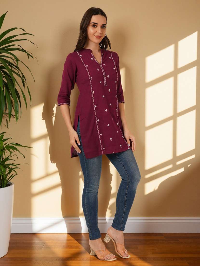 women solid with work three quarter sleeve straight kurti - 22182760 -  Standard Image - 6
