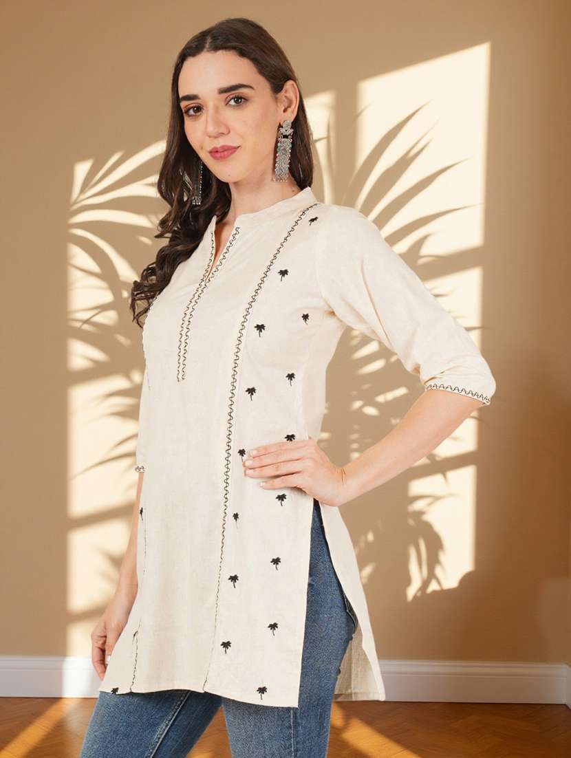 women solid with work three quarter sleeve straight kurti - 22182761 -  Standard Image - 1