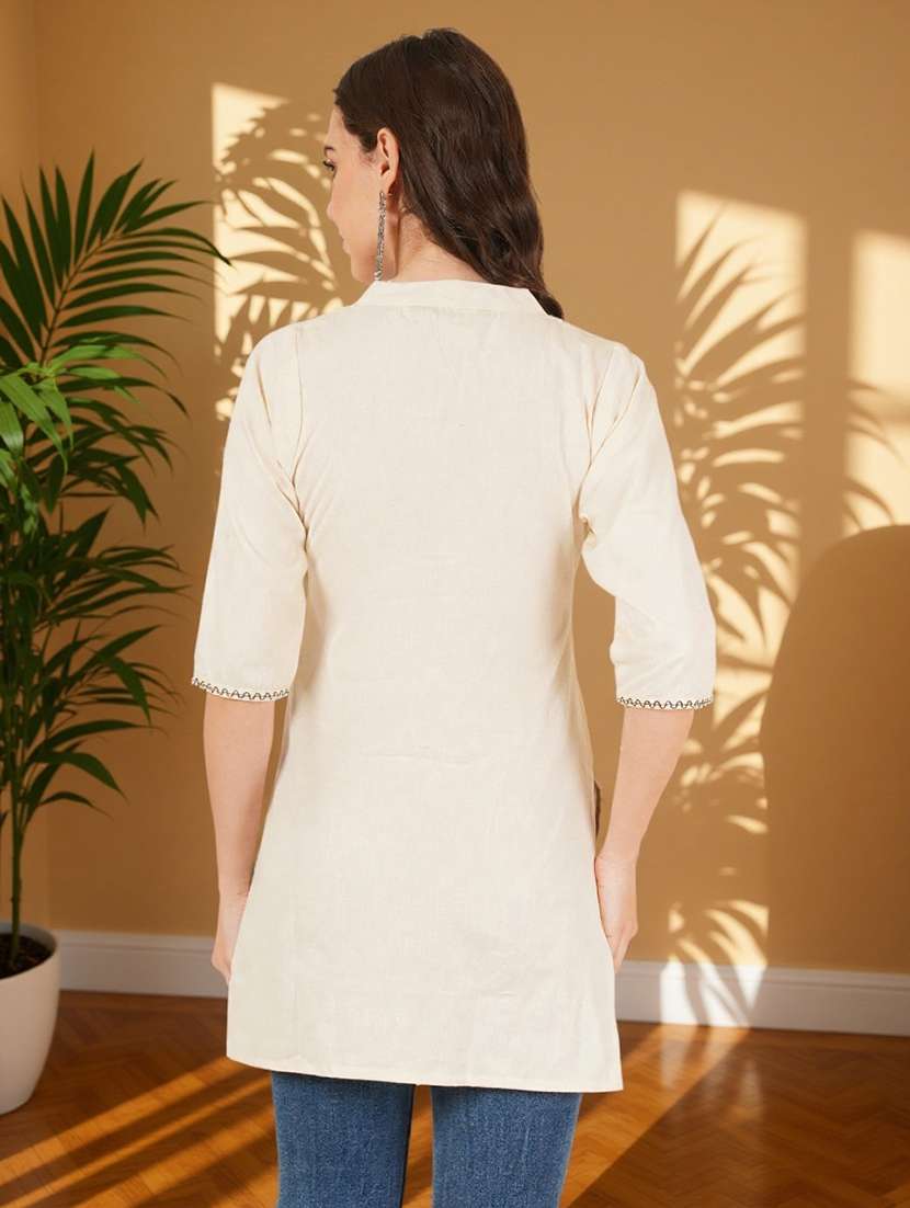 women solid with work three quarter sleeve straight kurti - 22182761 -  Standard Image - 4