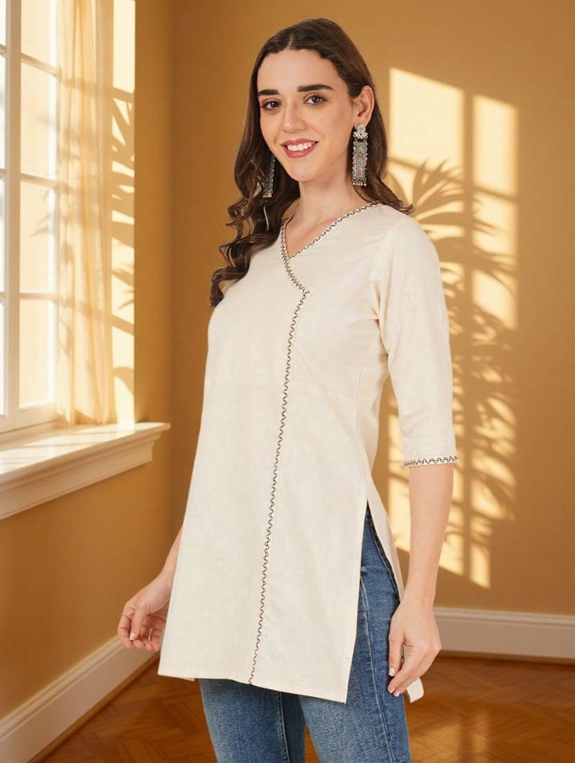 women solid three quarter sleeve angrakha kurti - 22182762 -  Standard Image - 1