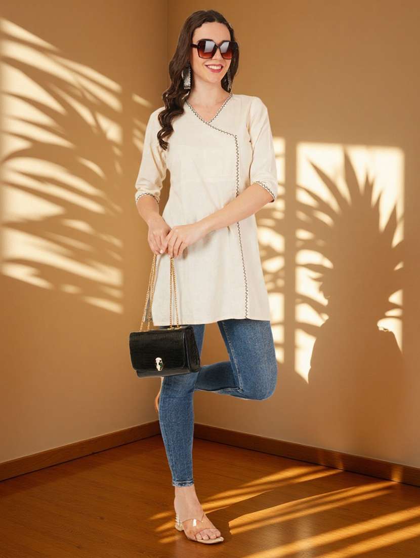 women solid three quarter sleeve angrakha kurti - 22182762 -  Standard Image - 6