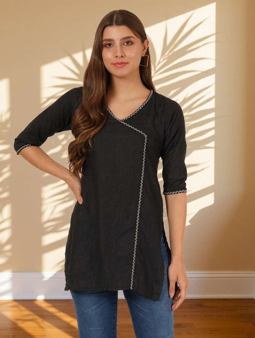 women solid three quarter sleeve angrakha kurti - 22182763 -  Standard Image - 1