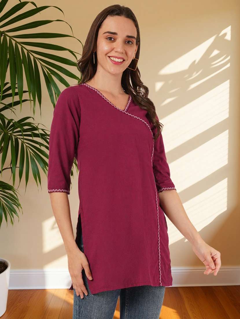 women solid three quarter sleeve angrakha kurti - 22182764 -  Standard Image - 1