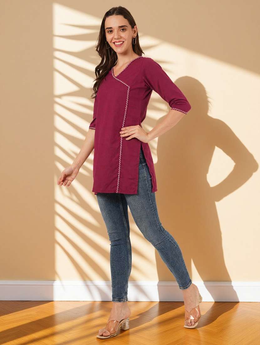 women solid three quarter sleeve angrakha kurti - 22182764 -  Standard Image - 6